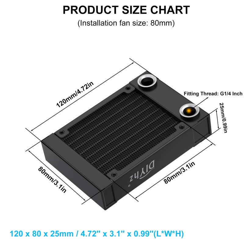 DIYhz Water Cooling Computer Radiator, 8 Pipe Aluminum Heat Exchanger Liquid Cooling Radiator G1/4 Thread Heat Row Sink 80mm for CPU PC Laser Water Cool System DC12V Black - Image 3